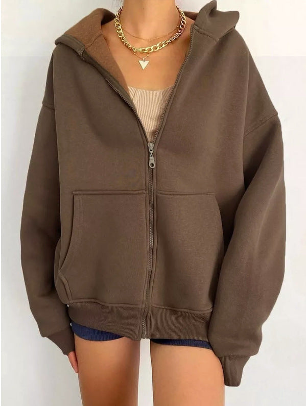 Damen nan minimalistisches French-Terry Zip-Hoodie mit durchgehendem Reißverschluss, Kängurutasche und Daumenloch-Ärmeln Echo Archiv