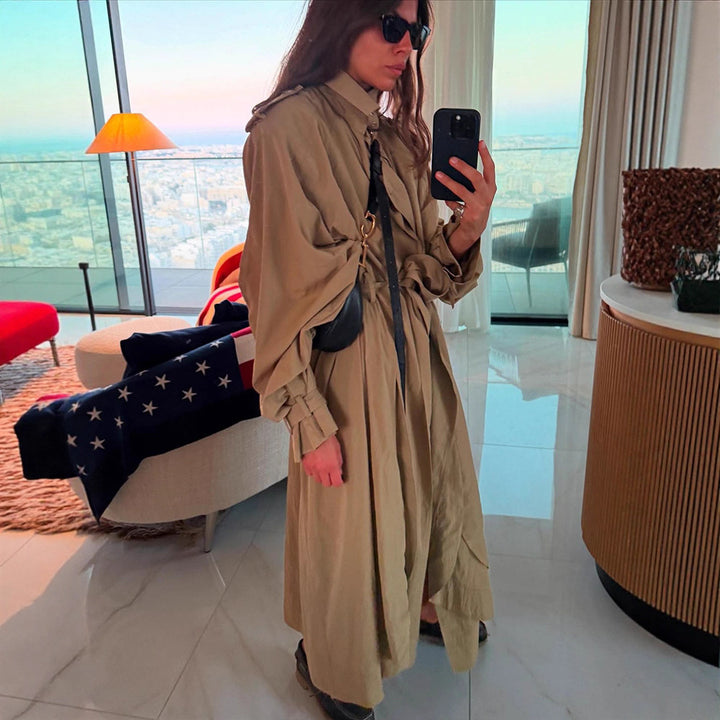 Damen Oversize-Trenchcoat mit voluminösen Ballonärmeln, Kordelzug und abnehmbarer Kapuze Echoarchiv