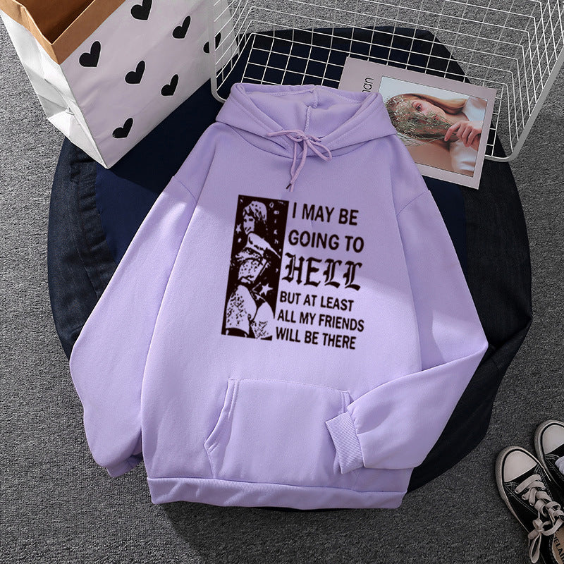 Damen weitgeschnittener Kapuzenpullover mit Gothic-Statementprint und Kängurutasche – Auréline