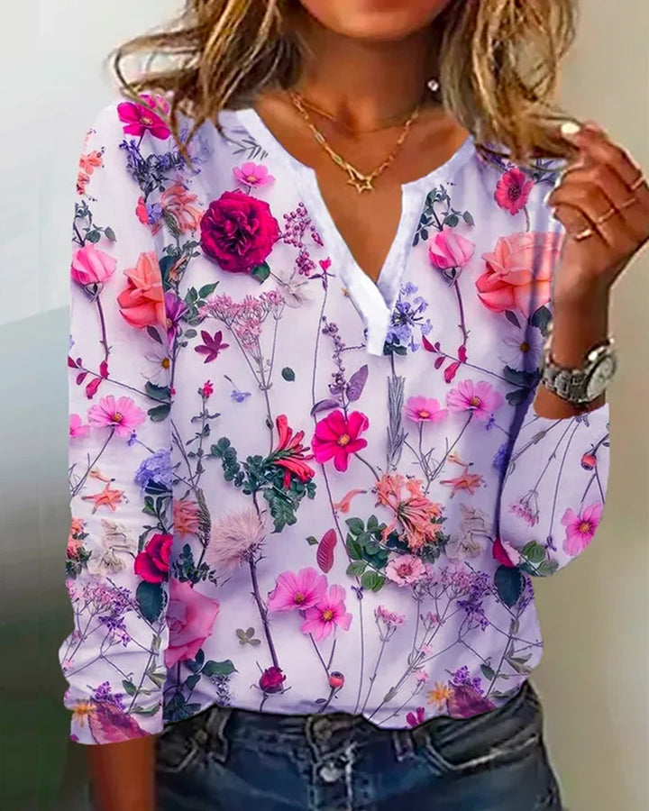 Damen Floral Lange Bluse im Chiffon-Look mit V-Schlitz und Lässiger Silhouette Echoarchiv