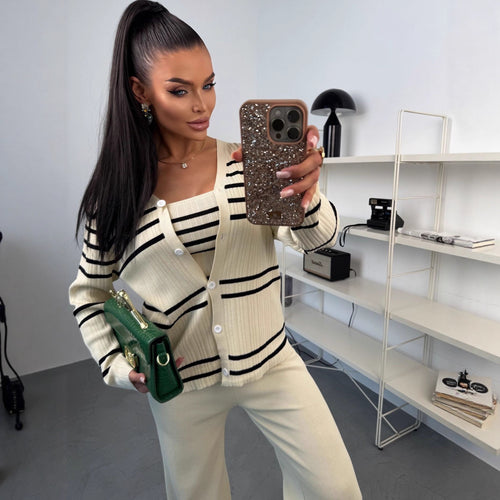 Damen Strick-Loungewear-Set aus Feinripp mit Button-Cardigan, Spaghetti-Top und weitem Jogger – Mavelle
