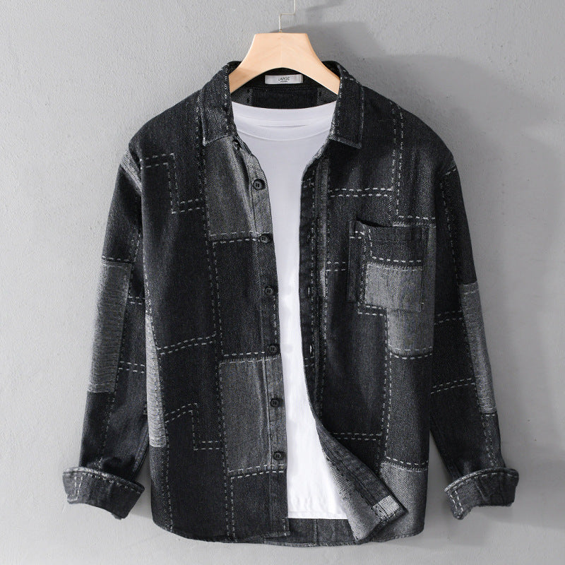 Herren Patchwork-Hemdjacke aus strukturiertem Denim mit sichtbarer Naht und Brusttasche Echoarchiv