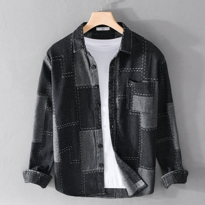 Herren Patchwork-Hemdjacke aus strukturiertem Denim mit sichtbarer Naht und Brusttasche Echoarchiv
