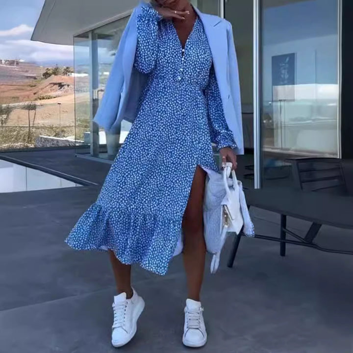 Damen nan Midikleid mit V-Ausschnitt geraffter Taillennaht langen Ärmeln Volant-Saum und seitlichem Beinschlitz Echo Archiv