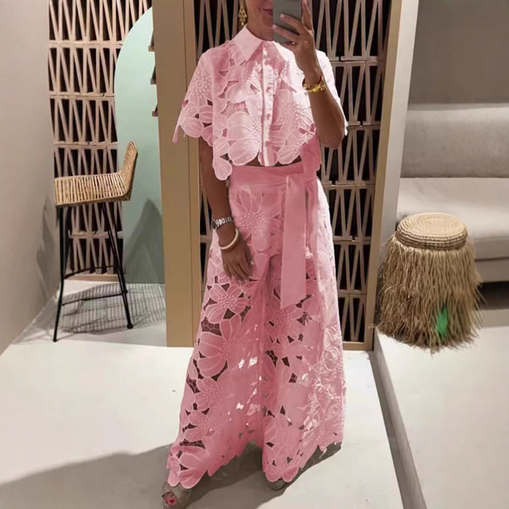 Damen nan zweiteiliges Spitzenensemble mit bauchfreier Bluse und weiter Palazzohose Echo Archiv