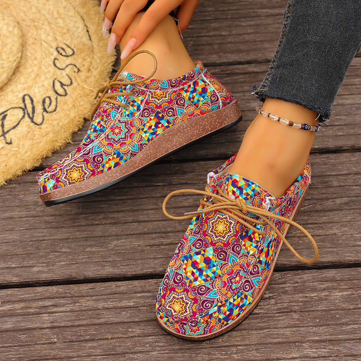 Damen bunte gemusterte Canvas-Schnürschuhe mit leichter Plateau-Sohle Echo Archiv