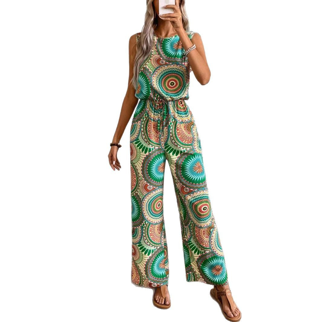 Damen Lässiger Jumpsuit mit Auffälligem Musterdetail und Elastischem Bund Echoarchiv