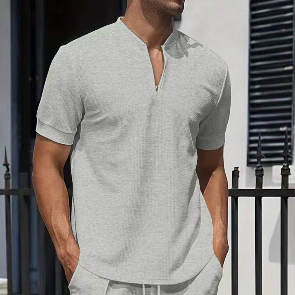 Herren Kurzarm Freizeitshirt mit modernem Stehkragen und dynamischem Reißverschluss Echoarchiv