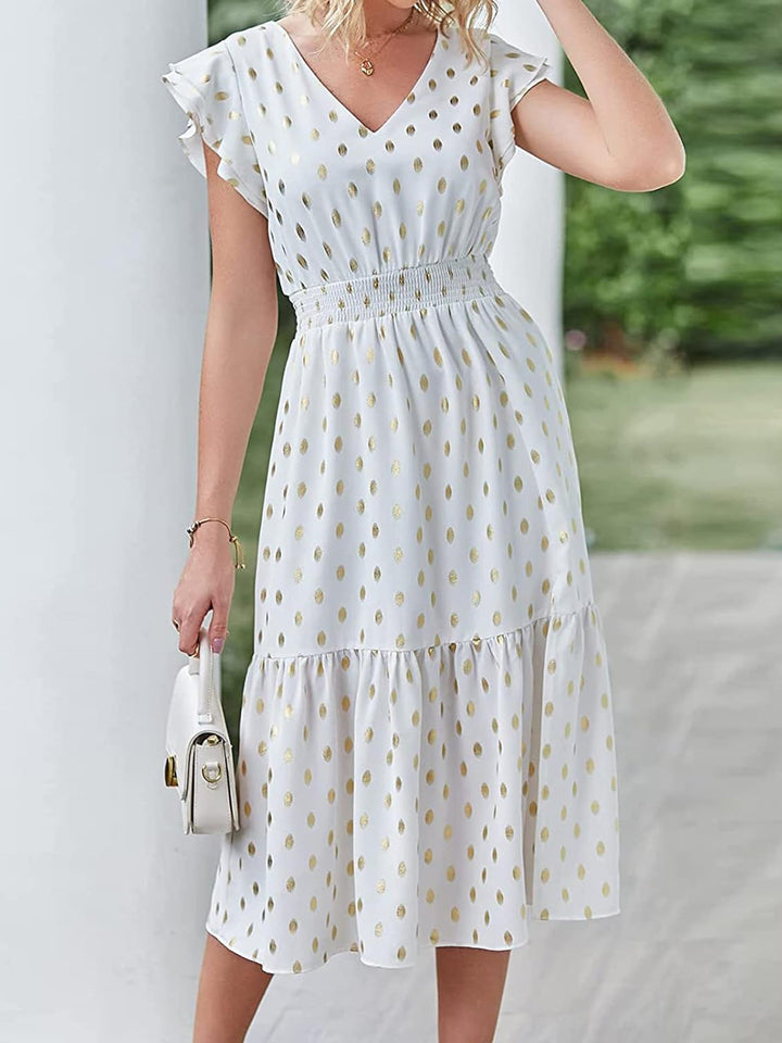 Damen Maxikleid mit Rüschendetails und schimmerndem Punktmuster Echo Archiv