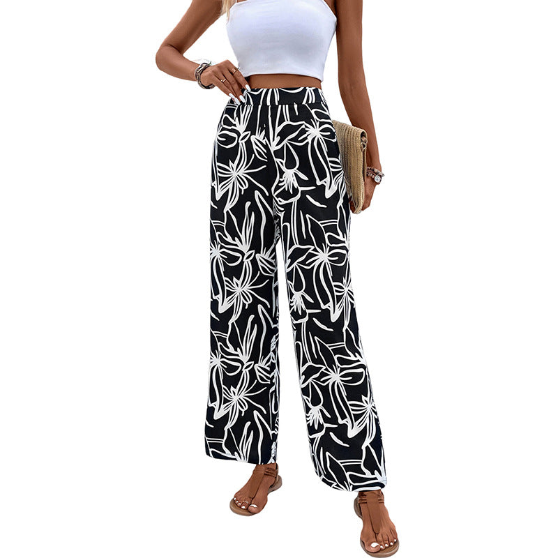Damen Weite Leinenoptik-Hose mit hohem Bund und floralem Print Echoarchiv