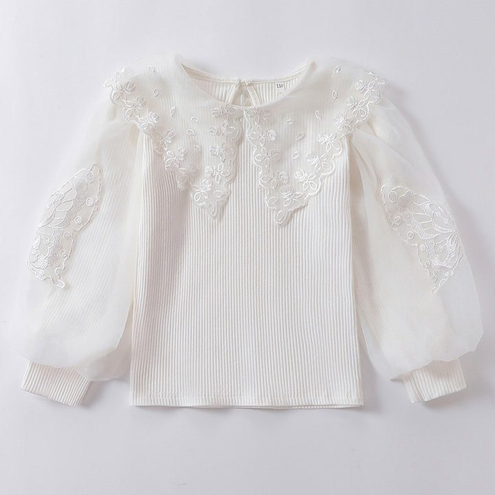 Mädchen Bluse mit luftigen Tüllärmeln und zarter Blumenbestickung Echo Archiv