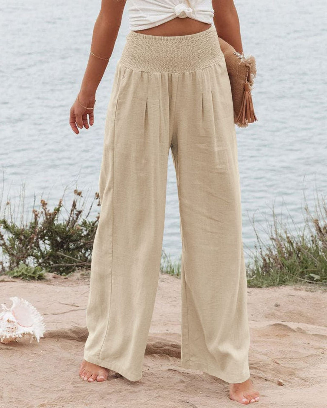 Damen Weite Leinenhose mit Elastischem Bund und Falten Echoarchiv