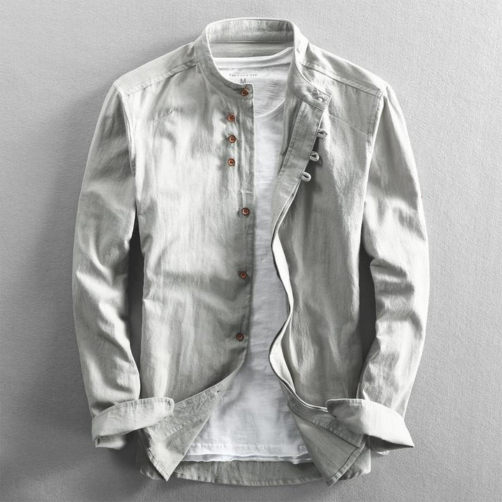 Herren Leichtes Leinen‑Overshirt mit Stehkragen und dekorativer Knopfleiste Echo Archiv
