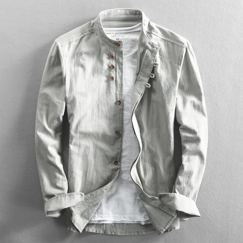 Herren Leichtes Baumwoll-Leinen Overshirt mit Stehkragen und Knopfleisten-Detail Echoarchiv