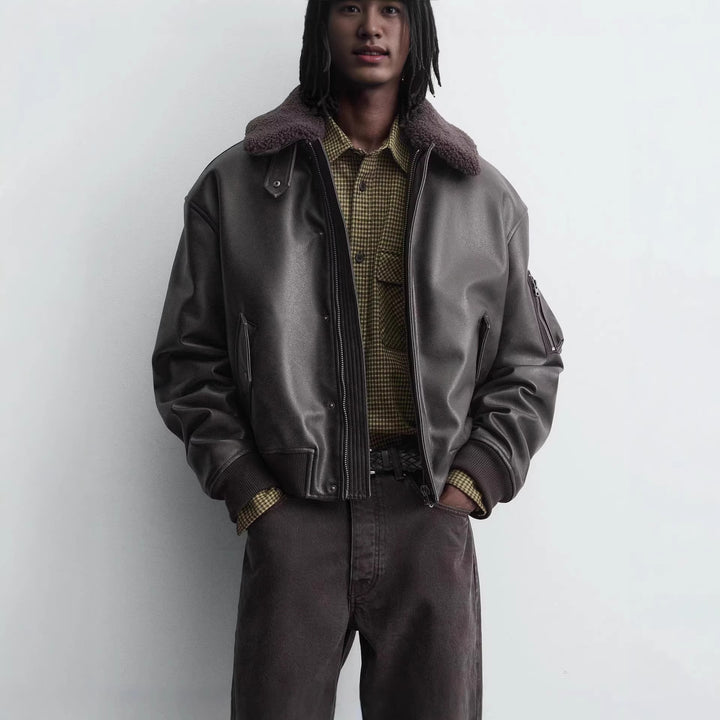 Herren Boxy-Lederblouson mit Sherpa-Kragen und Ärmeltasche Echo Archiv