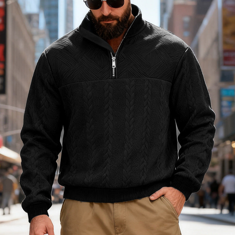 Herren Fleece-Pullover mit halbem Reißverschluss und strukturiertem Muster Echoarchiv