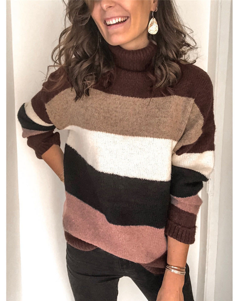 Damen Oversize Rollkragenpullover mit breiten Blockstreifen und weichem Strick Echoarchiv
