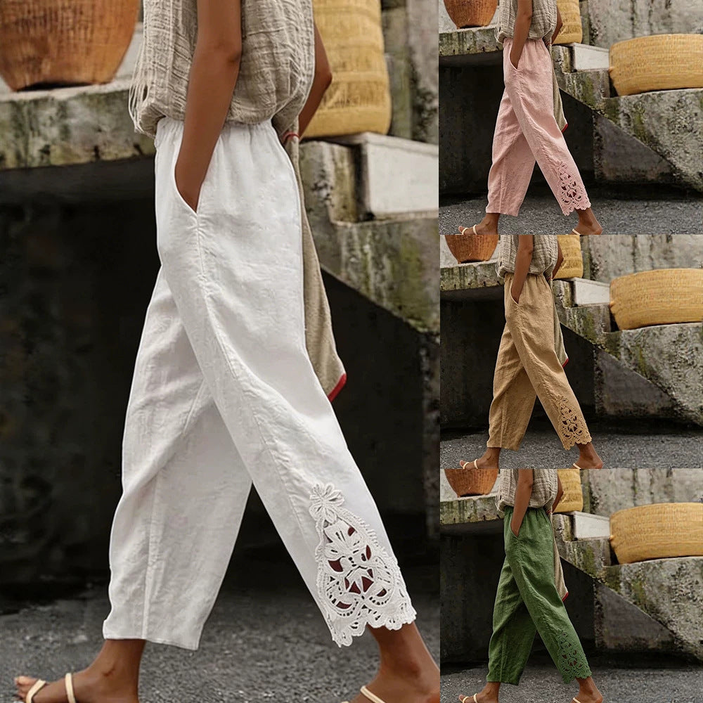 Damen elegante Leinenhose mit Spitzenapplikationen Echo Archiv