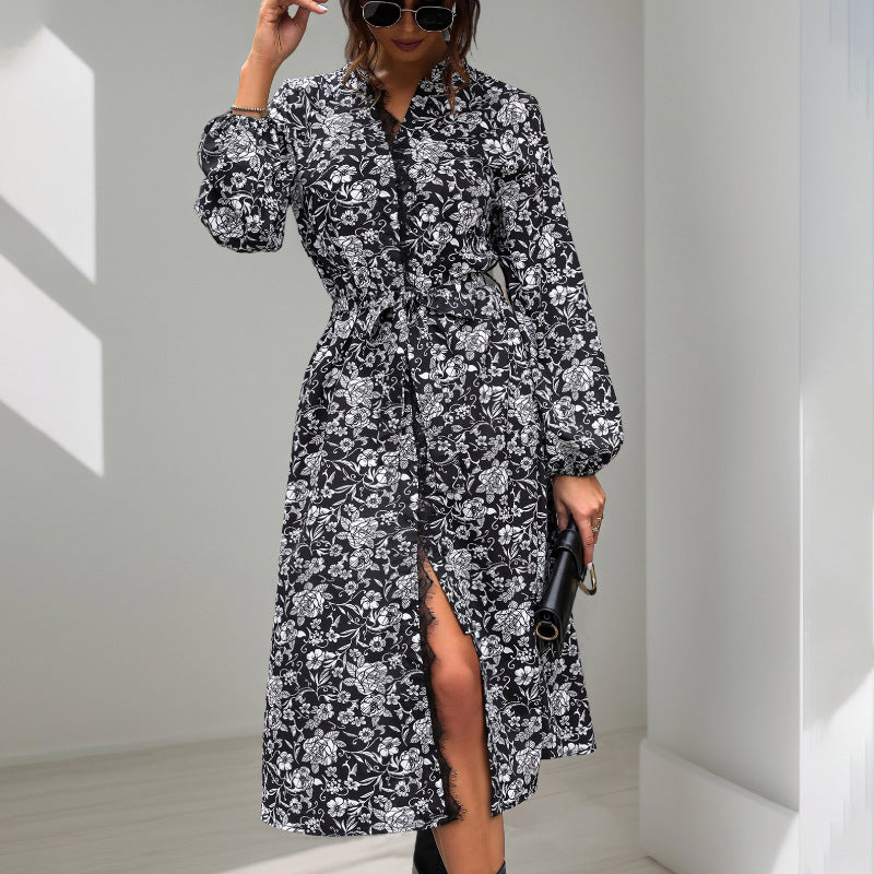 Damen Midikleid mit Spitzenbesatz am Ausschnitt, verdeckter Knopfleiste, Taillenbindegürtel & floralem Allover-Print Echoarchiv
