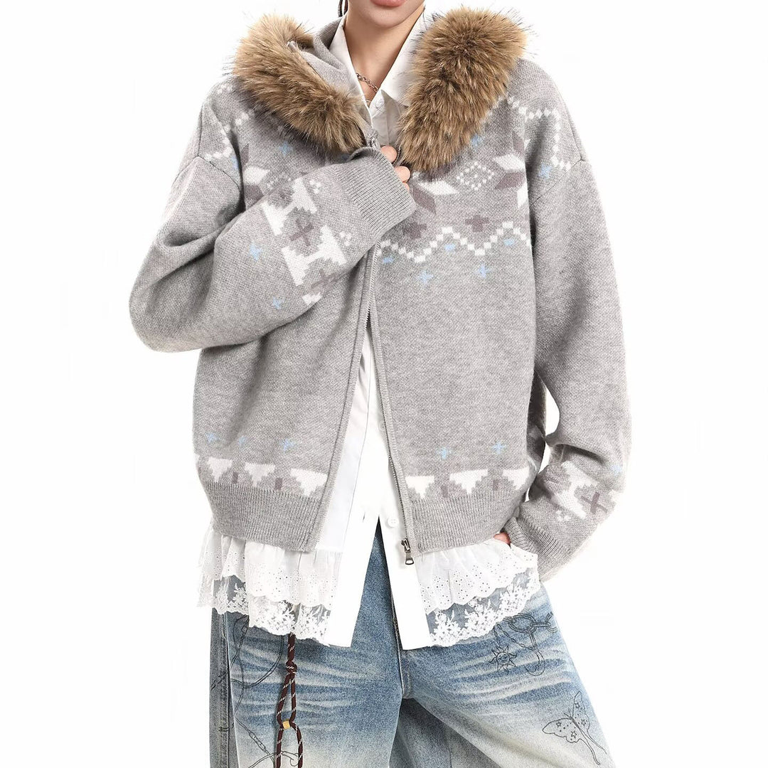 Damen Kapuzensweatjacke mit Kunstfell Kragen und Norweger-Muster Echoarchiv
