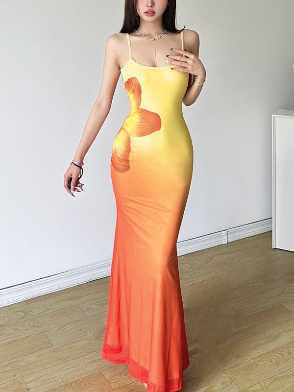 Damen figurbetontes Abendkleid mit Spaghettiträgern und Farbverlauf Echo Archiv