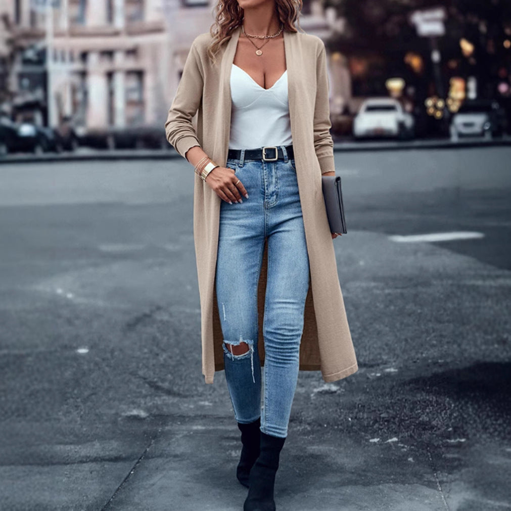 Damen nan langer Feinstrick-Cardigan im Duster-Stil mit offenem Fall und schmaler Ärmelpartie Echo Archiv