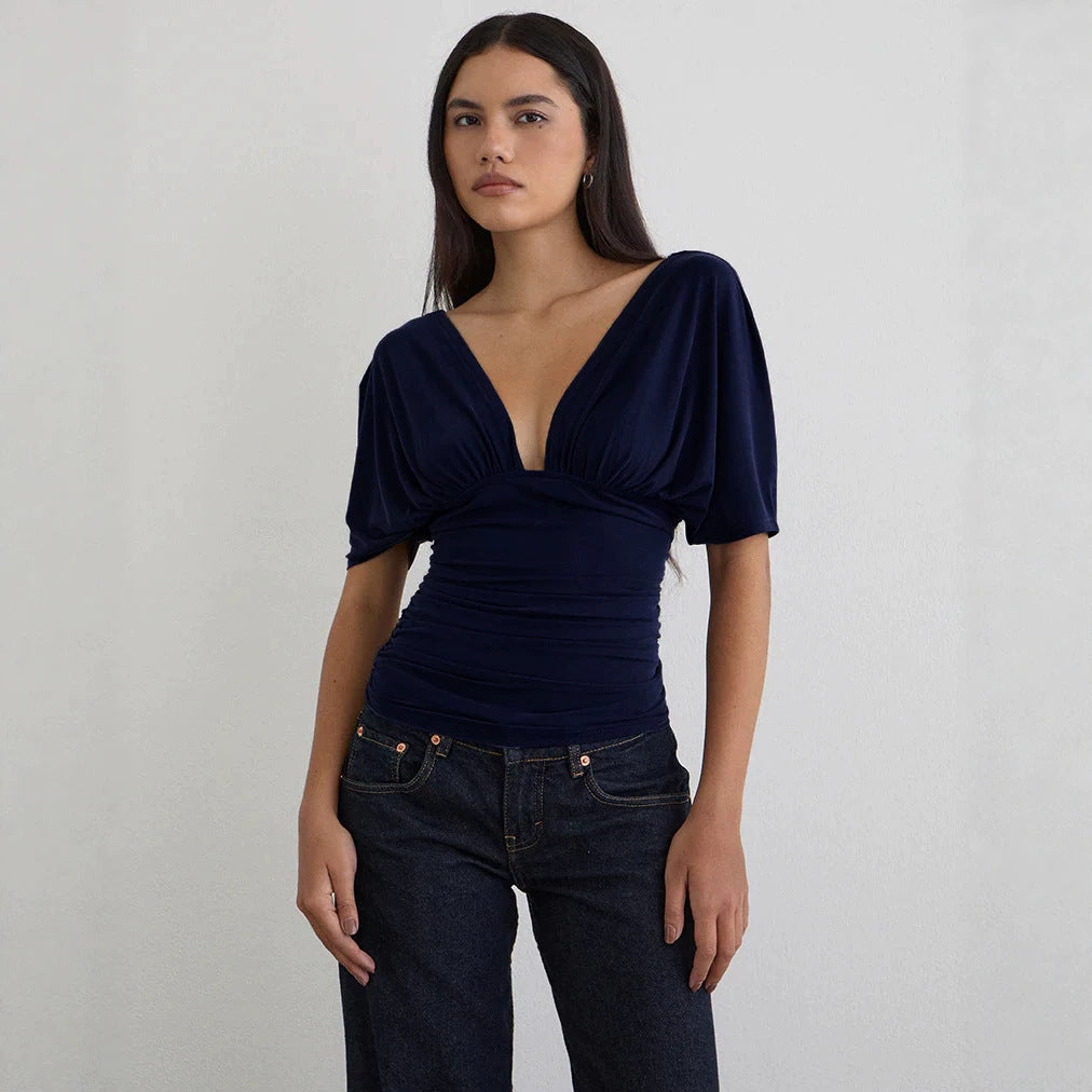 Damen Elegantes Oberteil mit tiefem V-Ausschnitt und lässigem Drapierungsdesign Echo Archiv