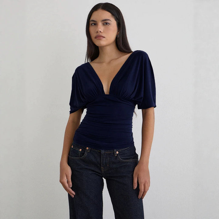 Damen Elegantes Oberteil mit tiefem V-Ausschnitt und lässigem Drapierungsdesign Echo Archiv