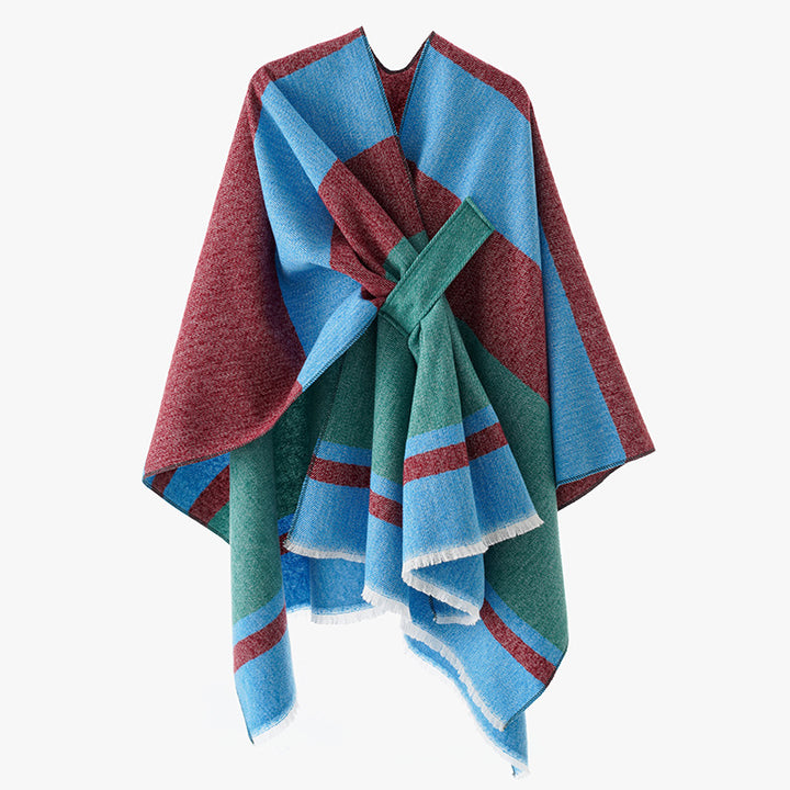 Damen Oversize-Capeponcho aus Wollmix mit Bindeschlaufe und Streifenbordüre Echo Archiv