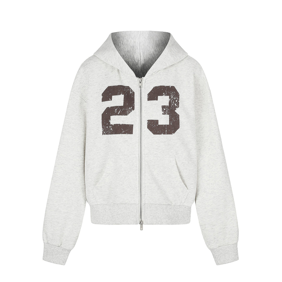 Damen Zip‑Hoodie im Boxy‑Schnitt mit Kängurutasche und Nummernprint Echoarchiv