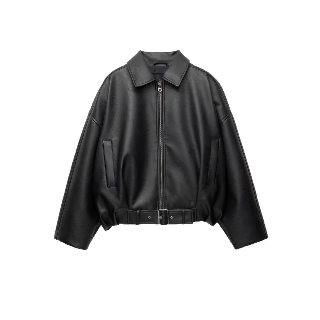 Damen Modische Kunstlederjacke mit Bauchgurt – Célinea