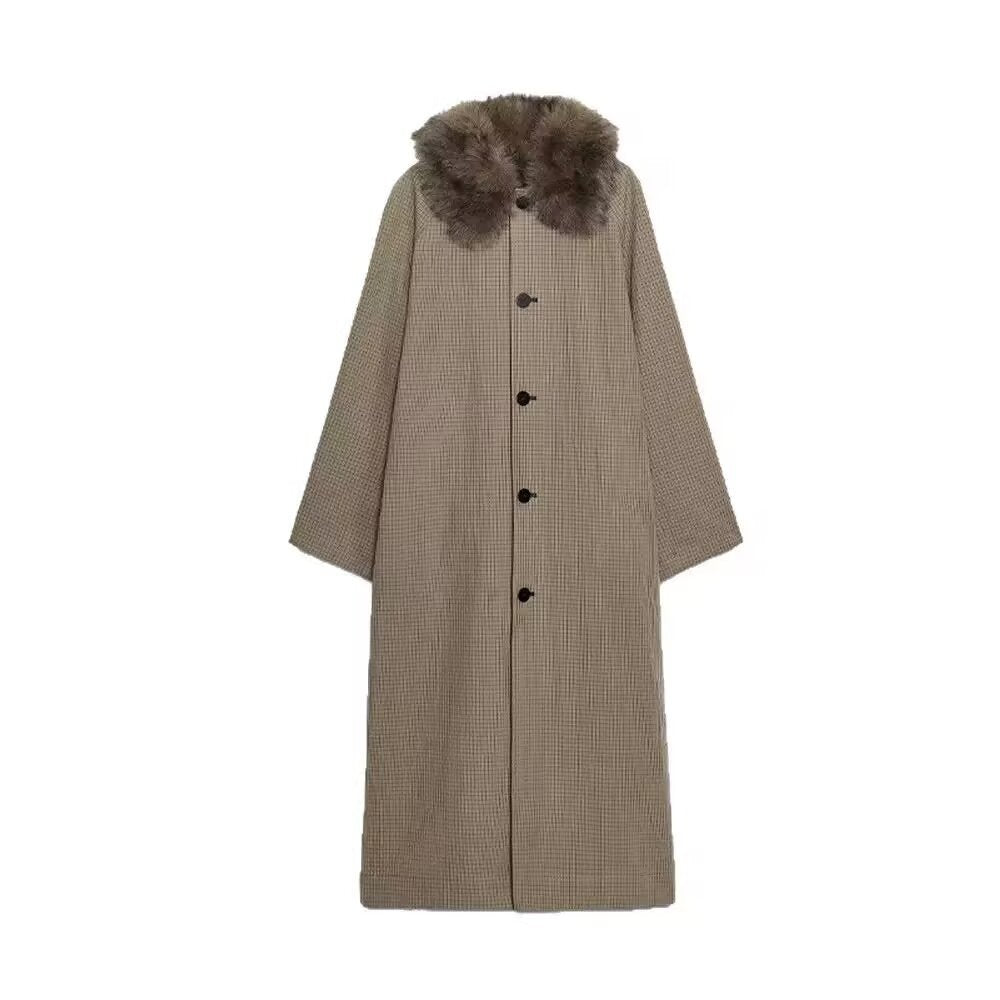 Damen Langer Glencheck-Mantel mit voluminösem Faux-Fur-Kragen und geradem Schnitt Echo Archiv
