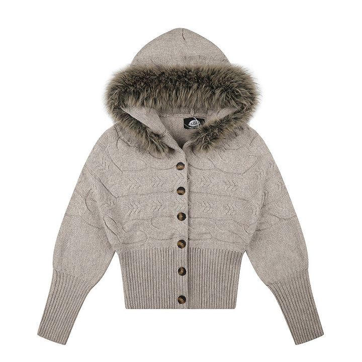 Damen Kapuzen‑Strickjacke mit Zopfmuster, Kunstfellbesatz und tailliertem Rippenbund Echoarchiv