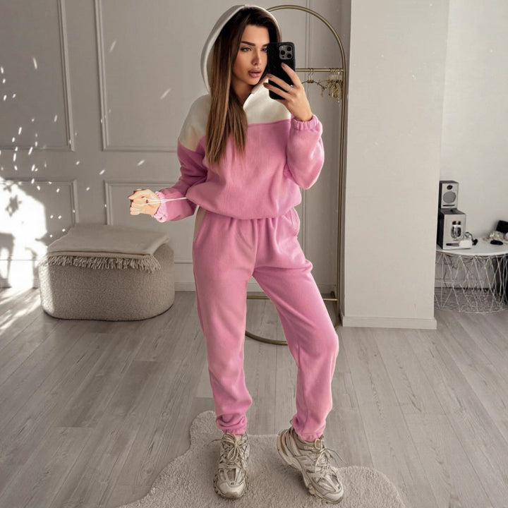 Damen Zweiteiliges Farbblock-Loungewear-Set mit halbem Reißverschluss und schmaler Jogginghose – Avérine