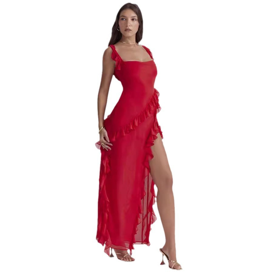 Damen nan langes Abendkleid mit quadratischem Ausschnitt, Schulter-Rüschenträgern und hoher Beinschlitze Echo Archiv