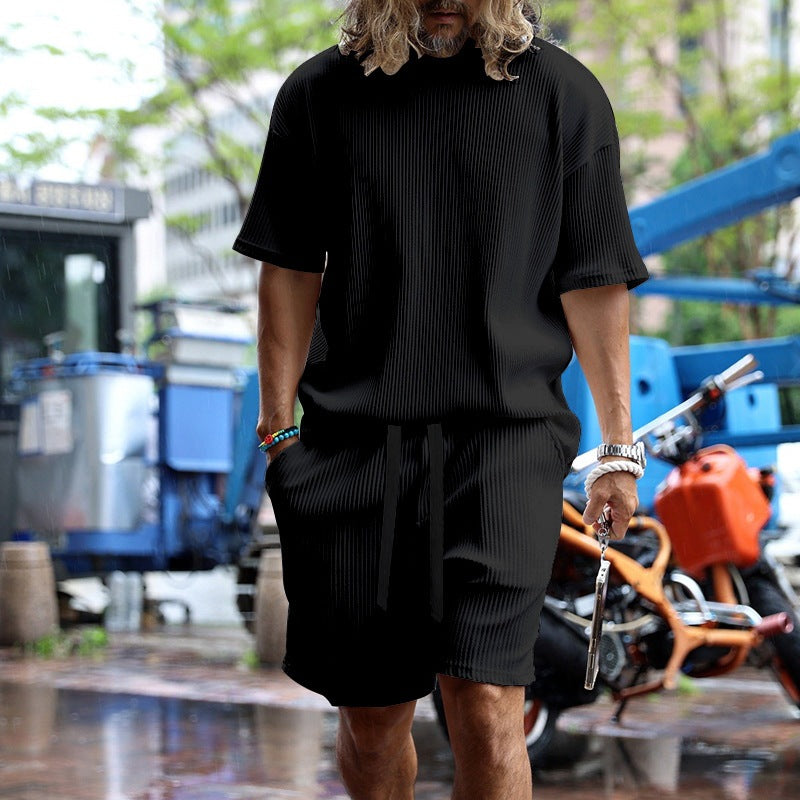 Herren nan lässiges Waffeljersey-Set mit weitem Oberteil und Tunnelzug-Shorts Echo Archiv