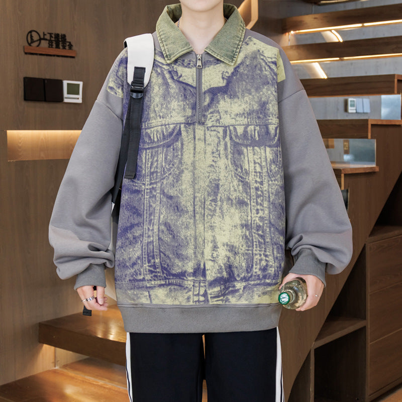 Unisex Oversized Sweatshirt mit blauem Denim-Design und Stehkragen Echoarchiv