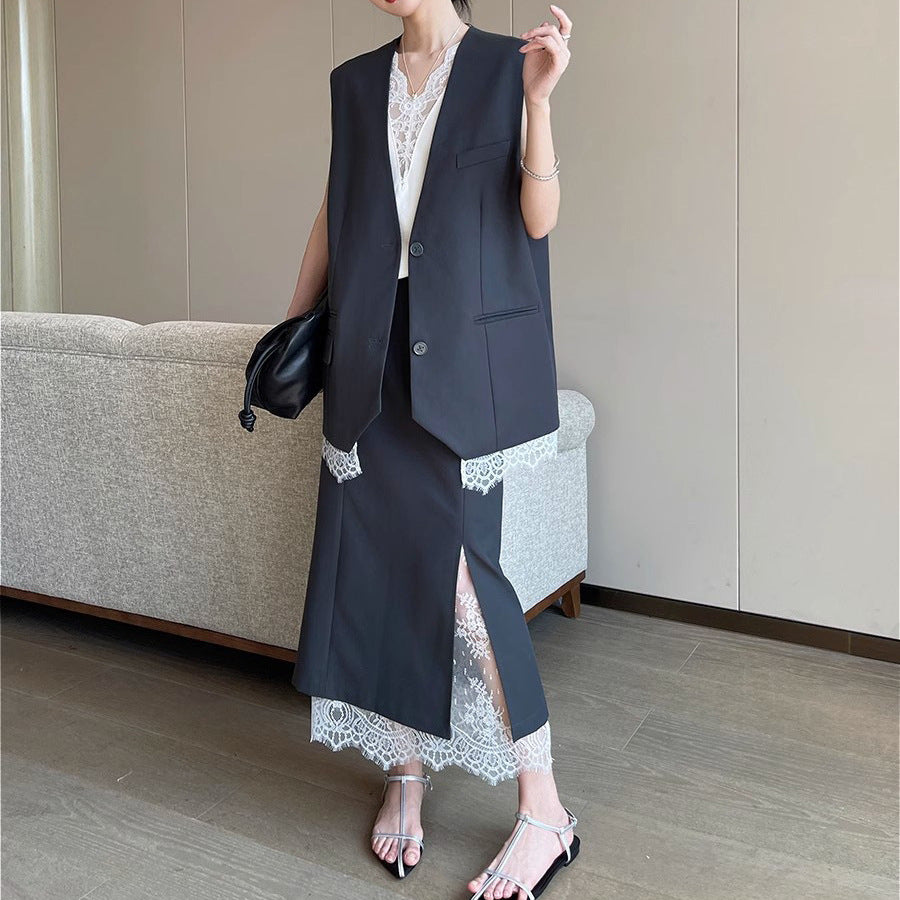 Damen Eleganter Maxirock mit hohem Schlitz und Spitzenabschluss Echoarchiv