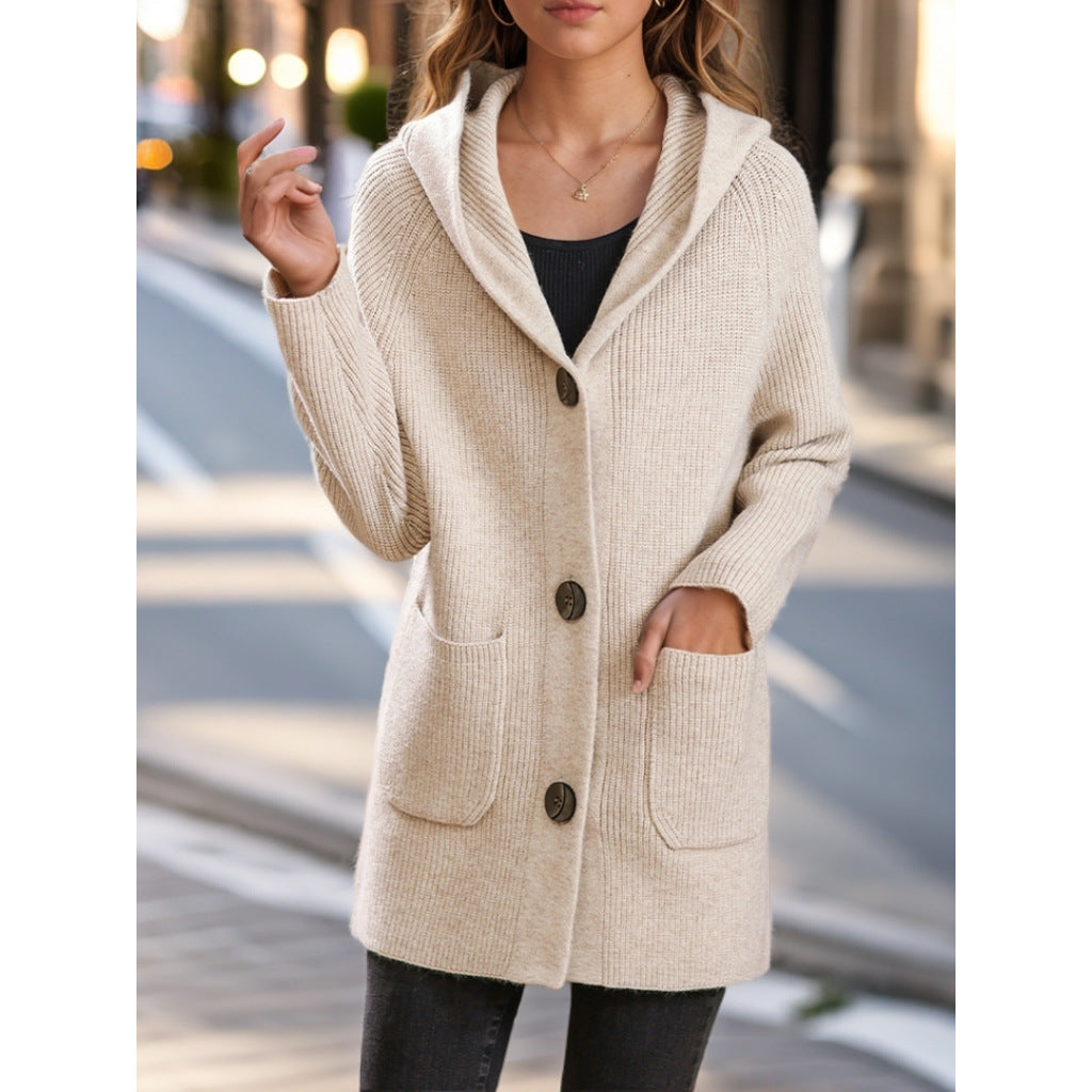 Damen nan lange gerippte Kapuzen-Strickjacke mit aufgesetzten Taschen und markanten Knöpfen Echo Archiv