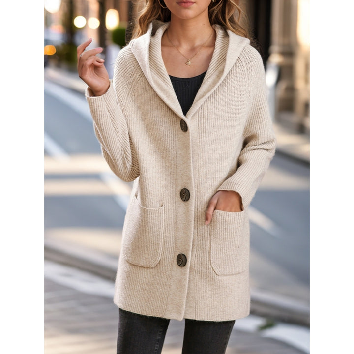 Damen nan lange gerippte Kapuzen-Strickjacke mit aufgesetzten Taschen und markanten Knöpfen Echo Archiv