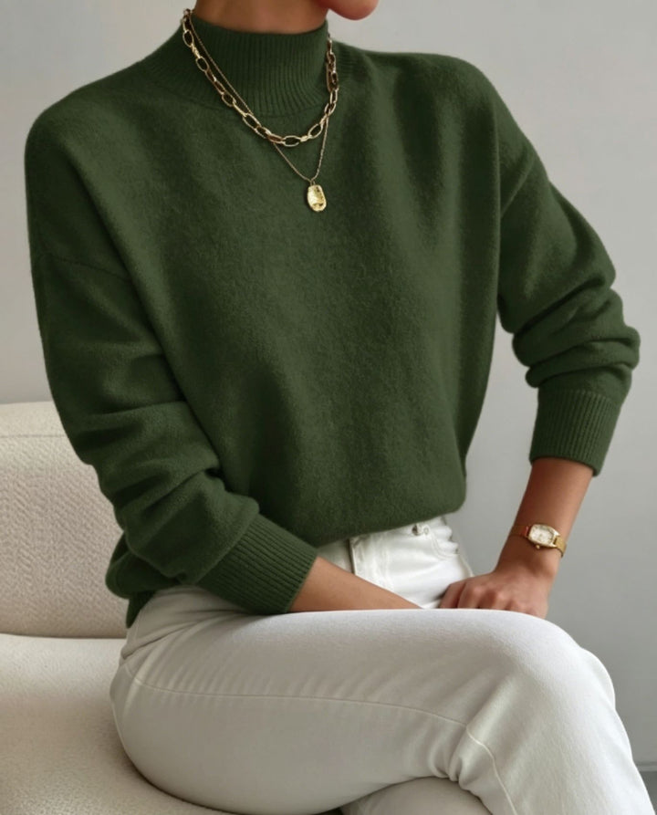 Damen kuscheliger Feinstrickpullover mit Stehkragen und überschnittener Schulter – Mavelle