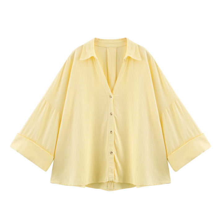 Damen nan oversized Streifen-Hemdbluse mit überschnittener Schulter, 3/4-Ärmel und verlängertem Rückensaum Echo Archiv