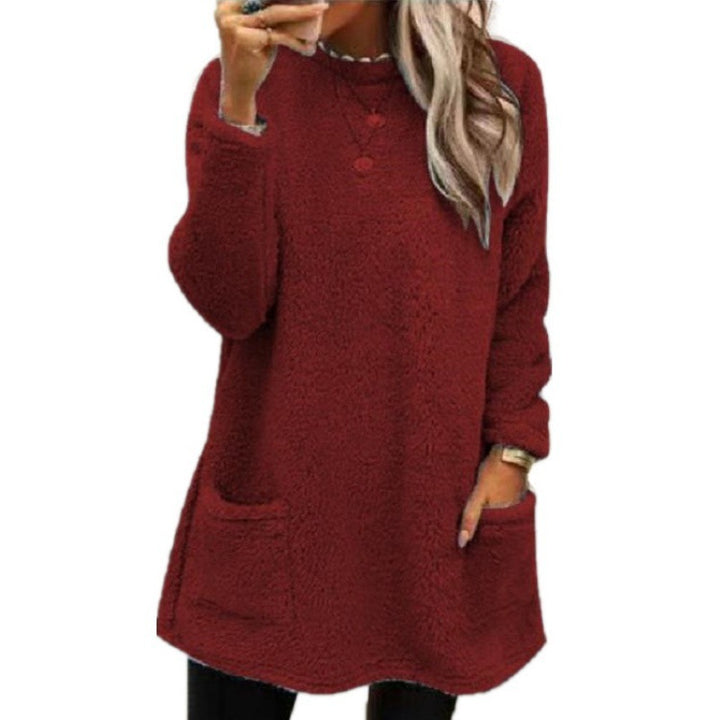 Damen nan kuscheliger langer Teddy-Pullover Oversize mit Rundhalsausschnitt und Eingrifftaschen Echo Archiv