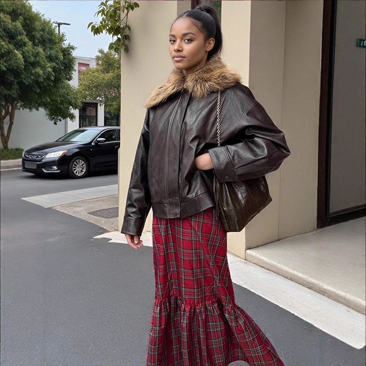 Damen Boxy Lederimitat-Blouson mit abnehmbarem Webpelzkragen und verdeckter Knopfleiste Echoarchiv