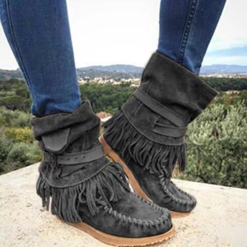 Damen nan Mokassin-Stiefelette mit Fransen, dekorativer Zierschnalle und handgenähter Mokassin-Naht Echo Archiv