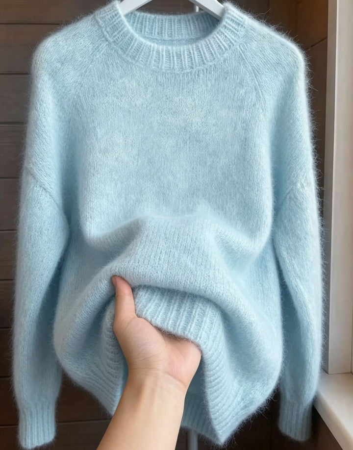 Damen Oversize Mohair‑Mix Rundhalspullover mit Raglanärmeln und geripptem Saum – Mavelle