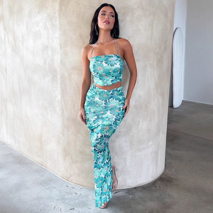 Damen Elegantes Crop-Top und Maxirock-Set mit floralem Design Echo Archiv