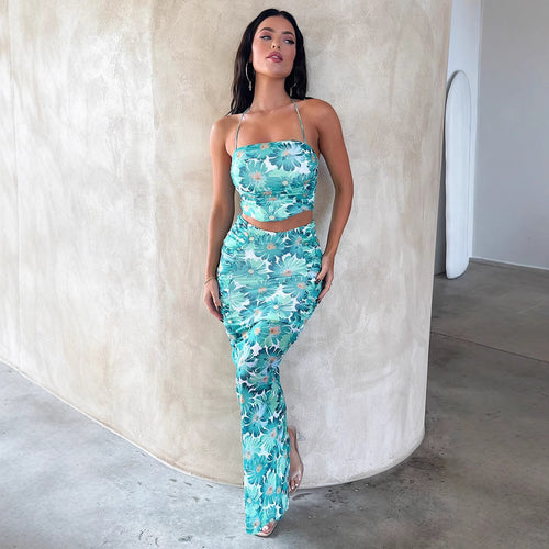 Damen Elegantes Crop-Top und Maxirock-Set mit floralem Design Echo Archiv