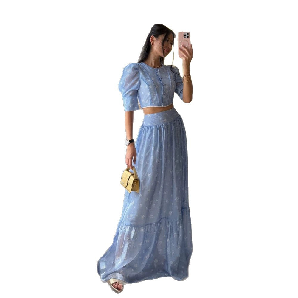 Damen Zweiteiliges Chiffon-Set mit Cropped-Puffbluse und Stufen-Maxirock Echoarchiv