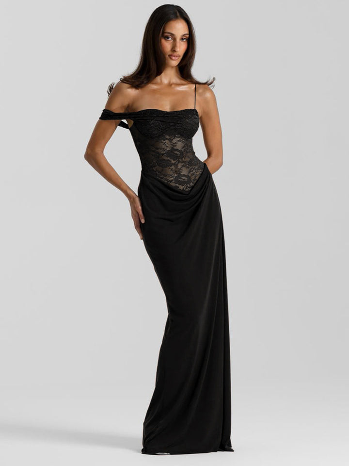 Damen Elegantes Cocktailkleid mit Spitzenoberteil und fließendem Rock Echo Archiv
